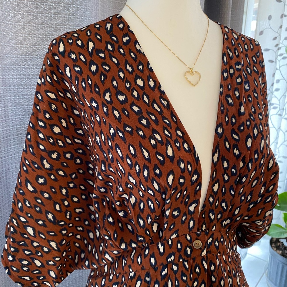 NWT Animal Print Midi Deep V Neck Vacation Beach Women Dress - Picture 3 of 7